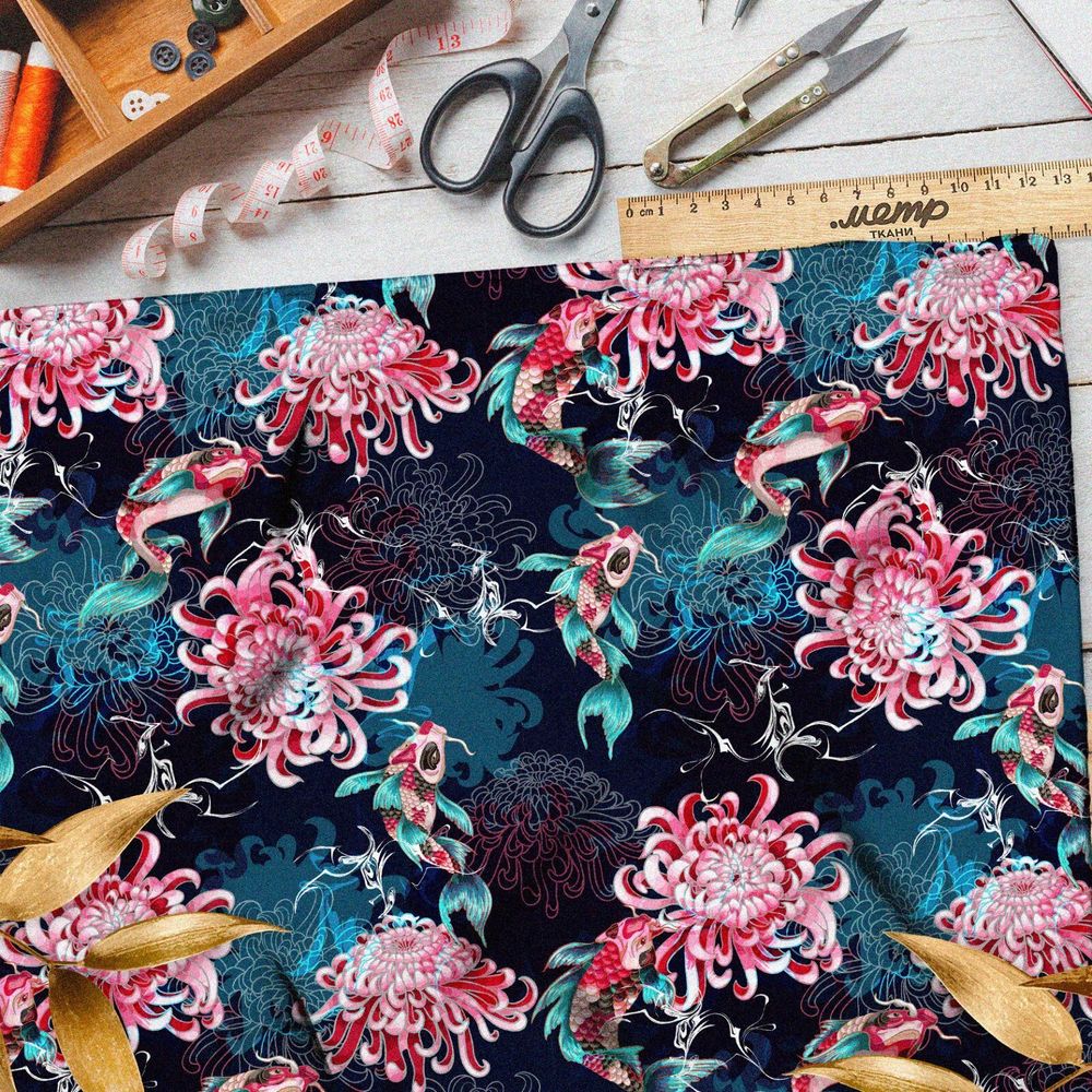 Ткань оксфорд 600 цветы и рыбы на воде