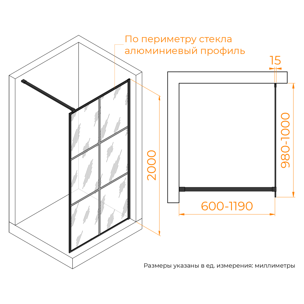 Душевая перегородка RGW WA-11B (Рисунок - черный принт (по периметру профиль), 1000)