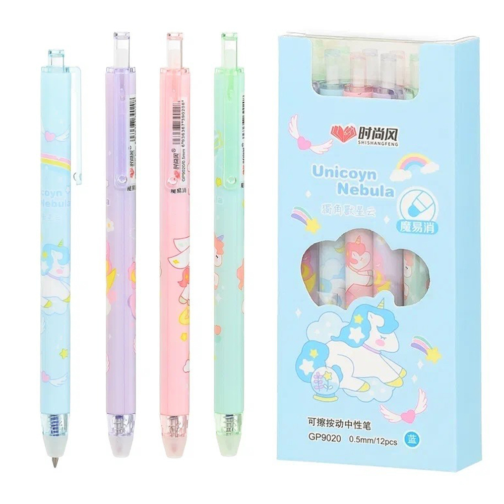 Ручка гелевая, пиши-стирай, автоматическая, Basir, синие чернила, серия "Единорог", 4 цвета корпуса, 12 шт