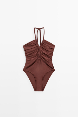 Massimo Dutti Купальник с горловиной халтер с блестками, коричневый
