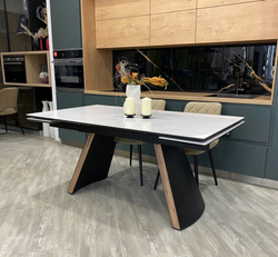 Стол РАНДЕВУ 160 БЕЛЫЙ МРАМОР МАТОВЫЙ 9806035 , керамика / Черный, Орех эко, М-City