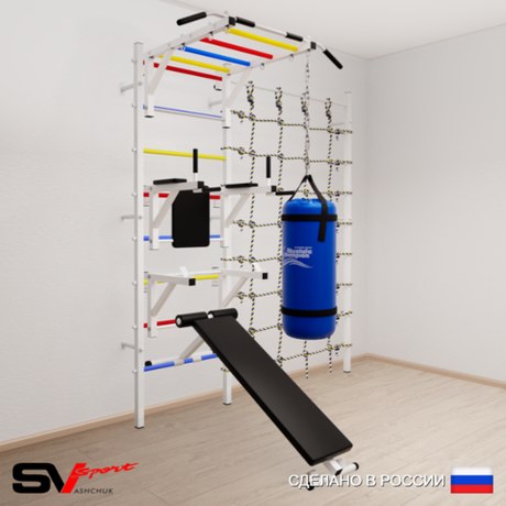 Шведская стенка Sv Sport усиленная 62620 (Турник рукоход/Брусья/Стойка/Скамья/Цепь/Мешок 22кг/Канатный лаз)