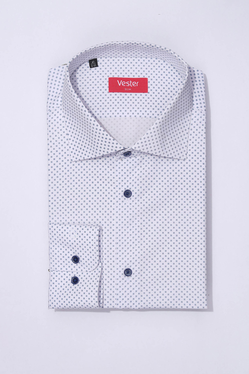 Сорочка мужская VESTER длинный рукав, бамбуковое волокно, цвет белый в мелкий синий геометрический рисунок, 51515 10