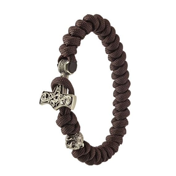 Браслет из темно-коричневого паракорда с молотом Тора Мьёльнир и медведем из мельхиора, фото 6