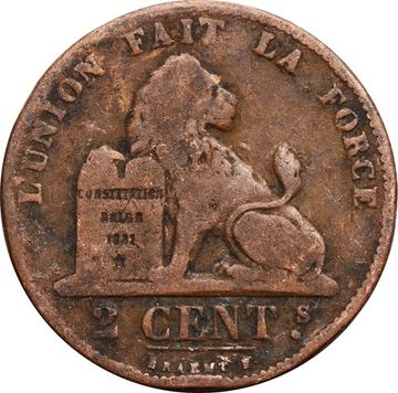 2 сантима 1869-1909 Бельгия (надпись на французском DES BELGES)