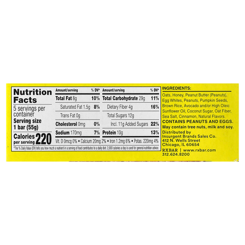 RXBAR, батончик с ореховой пастой и овсянкой, мед, корица и арахисовая паста, 5 батончиков по 55 г (1,9 унции)