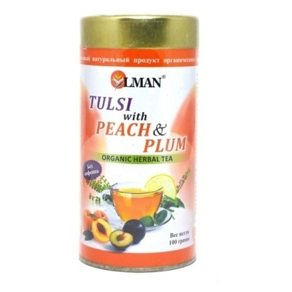Чай органический травяной Olman Tulsi with Peach & Plum Organic Herbal Tea Тулси, персик и слива, 100 гр