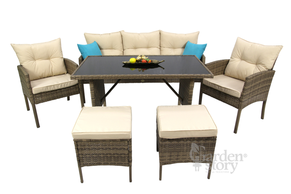 Набор мебели Garden Story Милена 2 уп. (стол+диван+2 Стул Garden Storyа+2 кресла ротанг кор., подушки бежевые+декоративные по