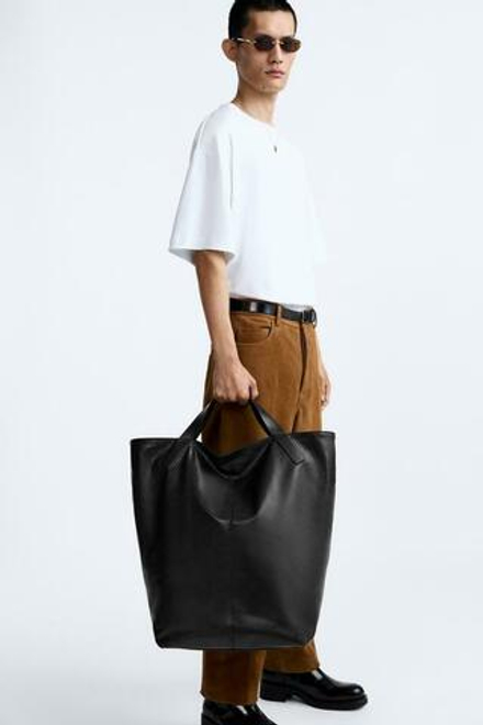 ZARA КОЖАНАЯ СУМКА-ТОУТ, ЧЕРНЫЙ