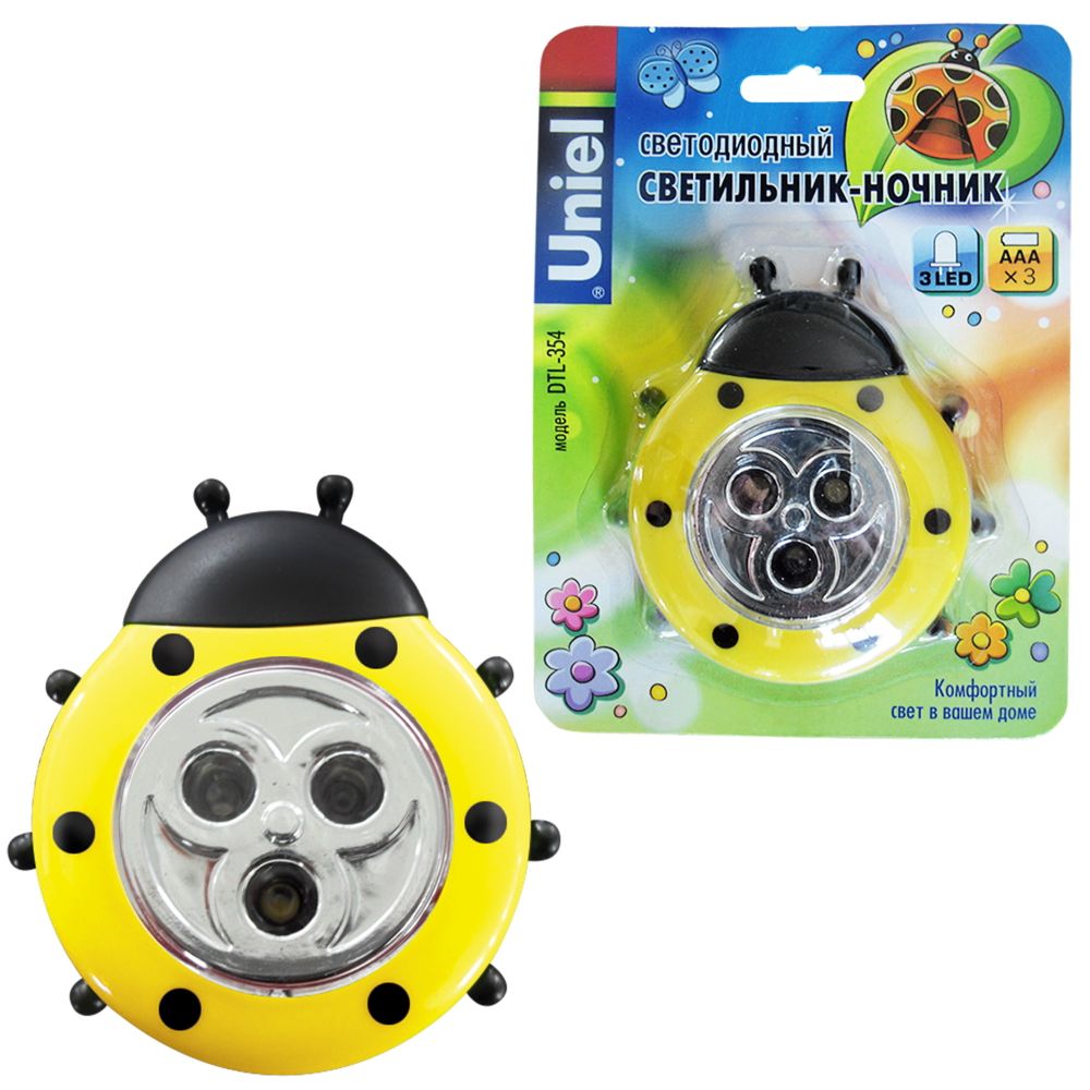 DTL-354 Божья Коровка-Yellow-3LED-3AAA Cветильник-ночник Божья Коровка.питание от 3-х батареек AAA в комплект не входят. Цвет -желтый. Упаковка блистер