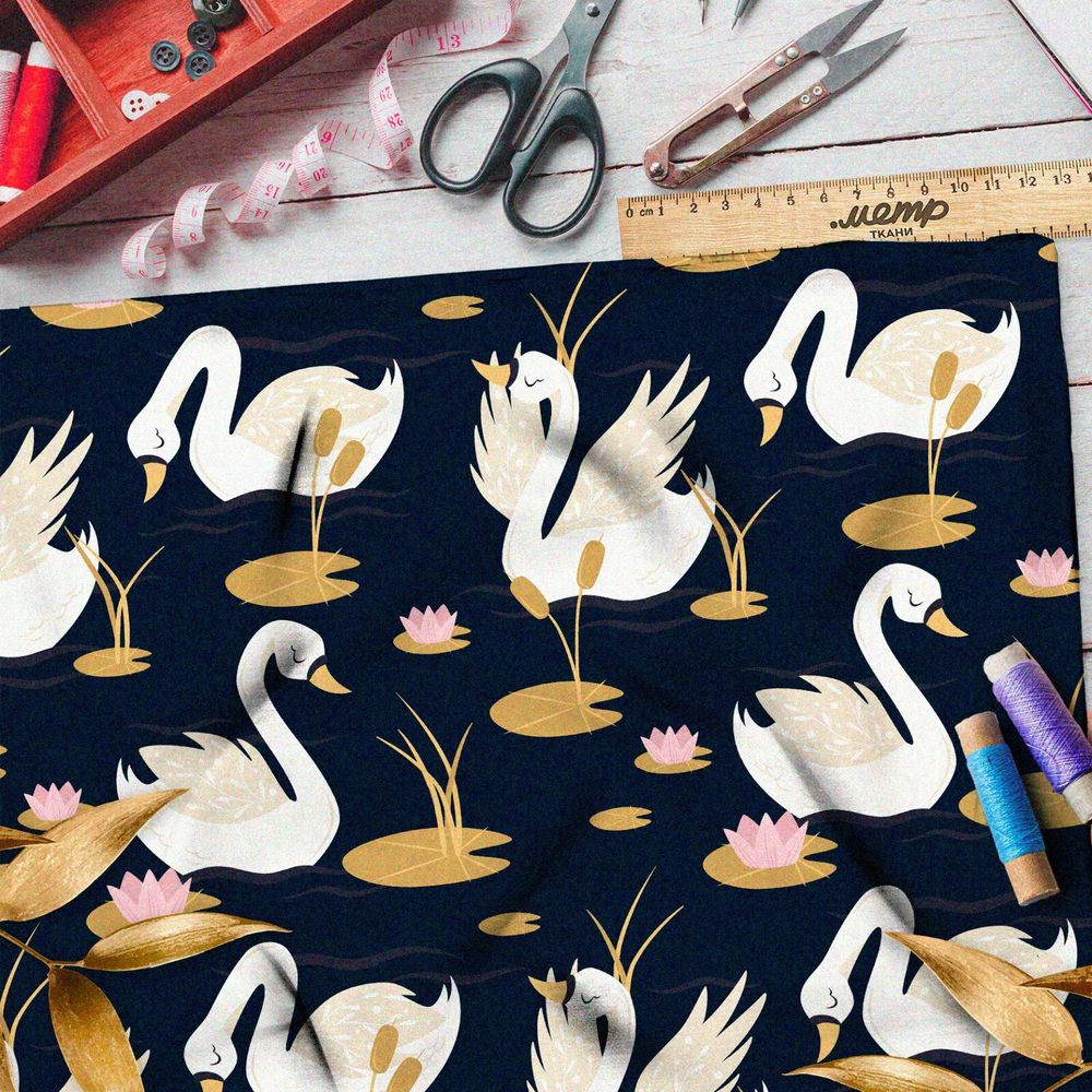 Ткань шифон белые лебеди с кувшинками на чёрном фоне