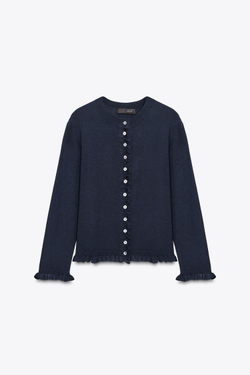 ZARA ТРИКОТАЖНЫЙ КАРДИГАН С ВОЛАНАМИ, МОРСКОЙ СИНИЙ