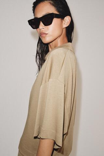 ZARA СВОБОДНОЕ ПОЛО С КОРОТКИМ РУКАВОМ, БЕЖЕВЫЙ