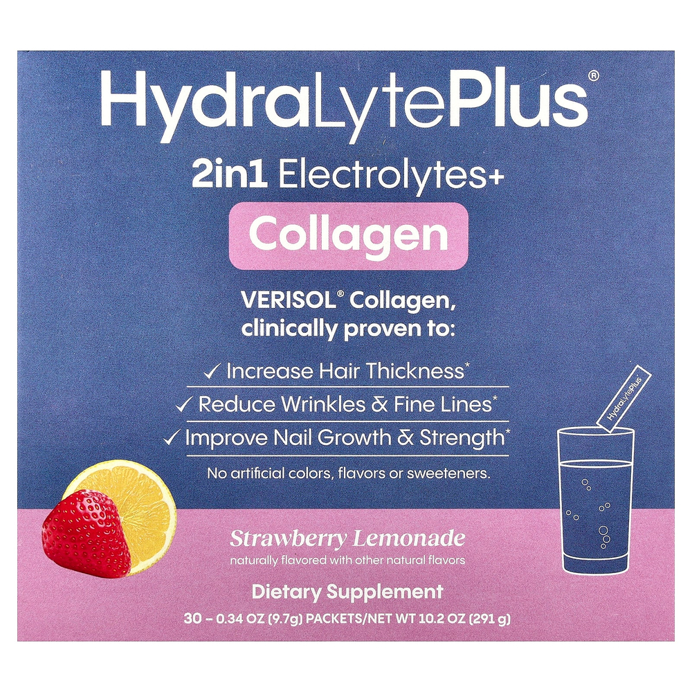 Hydralyte, VERISOL®, коллаген, со вкусом клубничного лимонада, 30 пакетиков по 9,7 г (0,34 унции)