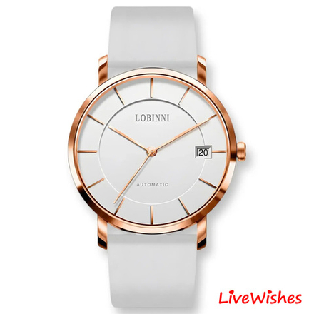Часы наручные механические с автоподзаводом ПРЕМИУМ LOBINNI на кожаном ремешке, золотистый/белый W9690-02