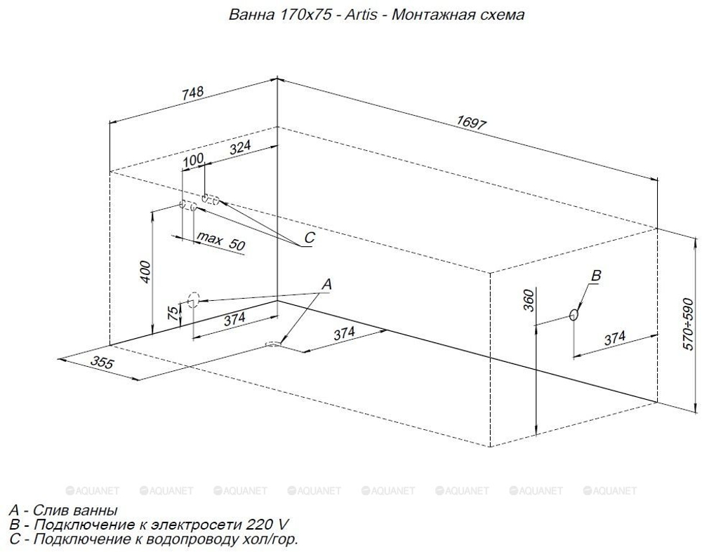 Акриловая ванна Aquanet (Акванет) Artis 170x75 с каркасом