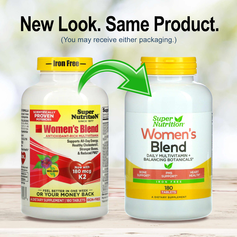 Super Nutrition, смесь для женщин, для ежедневного приема, мультивитамины и растительные компоненты для восстановления баланса, без железа, 180 таблеток
