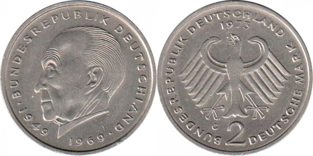 Германия 2 марки, 1973 Конрад Аденауэр XF
