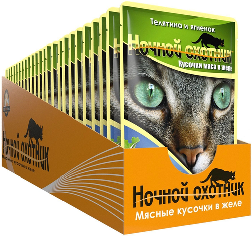 Влажный корм Ночной охотник для взрослых кошек, телятина и ягненок в желе, 24 шт x100 г