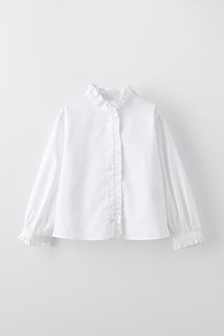 ZARA РУБАШКА ИЗ ПОПЛИНА С ВОЛАНАМИ, БЕЛЫЙ