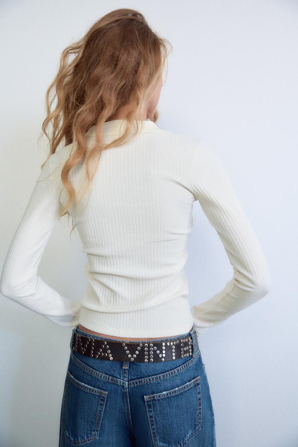 ZARA ТОП ПОЛО С УЗОРОМ «КОСЫ», ЭКРЮ