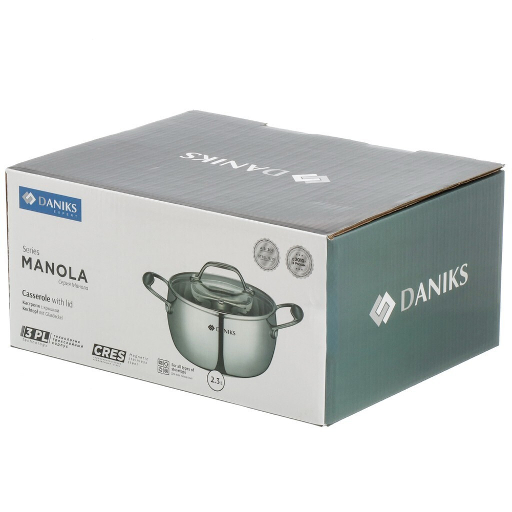 Кастрюля нерж, 2.3 л, с крыш, крыш стекло, Daniks, Manola, CW-T078-18, индукц
