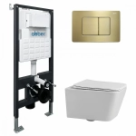 Унитаз подвесной ABBER Rechteck AC1201 белый с инсталляцией AC0105 и кнопкой AC0120MMG золото, безободковый, с крышкой микролифт