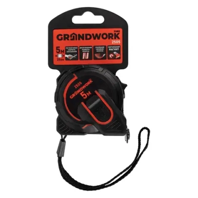 Рулетка 5 метров с черным защитным полотном, большими цифрами GRANDWORK 2505