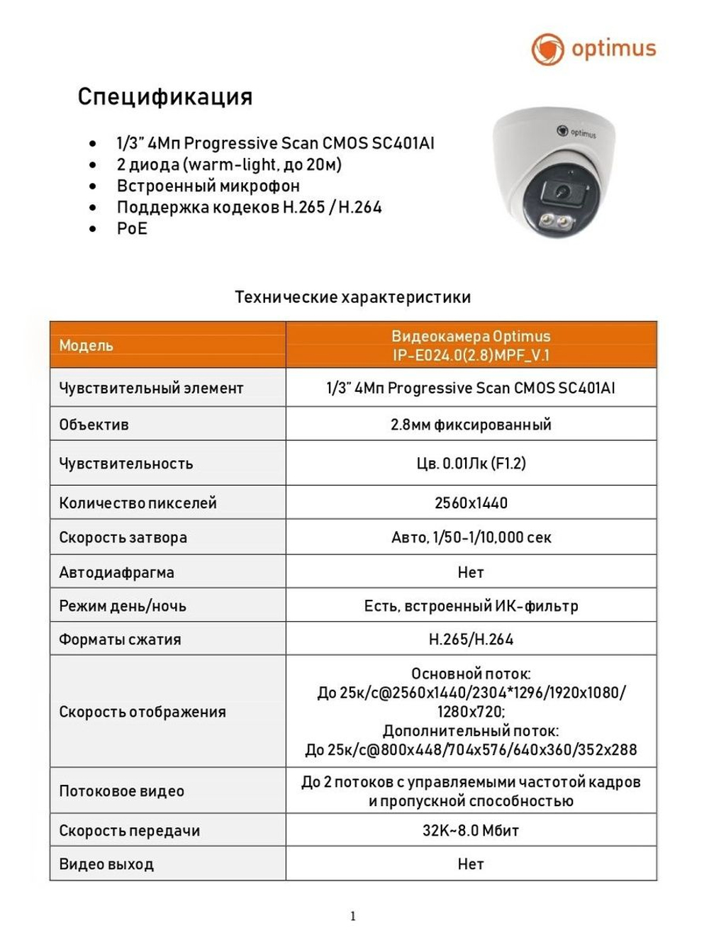 Видеокамера Optimus IP-E024.0(2.8)MPF_V.1