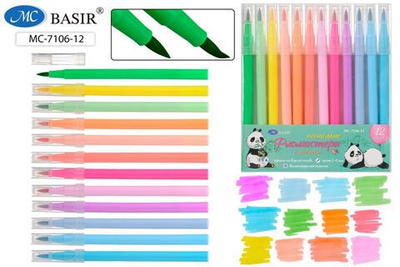 Фломастеры 12цв. 1-4мм. "Панда" пастельные, с мягкой кистью, водн.основа (Basir)
