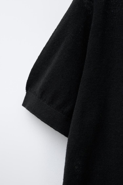 ZARA ПОЛО ИЗ ХЛОПКА И ЛЬНА, ЧЕРНЫЙ