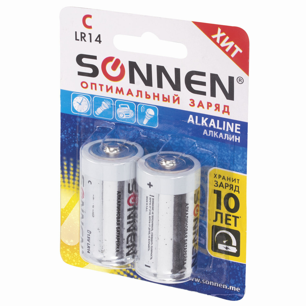 Батарейки комплект 2 шт. SONNEN Alkaline С (LR14 14А) алкалиновые блистер (6 штук в упаковке)