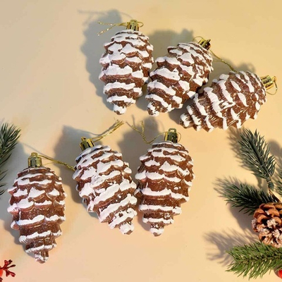 Елочные игрушки 6шт 9см "Шишка" цвет шоколадный с белыми блестками