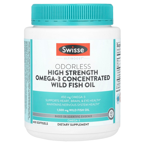 Swisse, Ultiboost®, высокоэффективный концентрированный рыбий жир с омега-3 без запаха, 1500 мг, 400 мягких таблеток