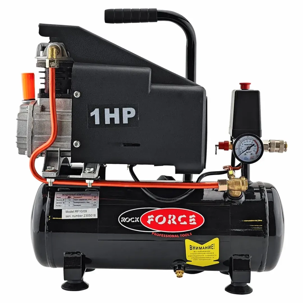 Компрессор поршневой масляный с прямым приводом (220В,0.75кВт,2850 об/мин,ресивер 9л,8бар,124л/м) RockForce##Rock FORCE RF-9L