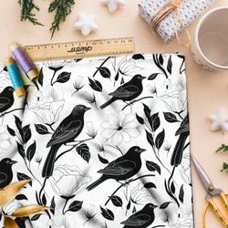 Ткань премиум Оксфорд 600D темные соловьи на белом