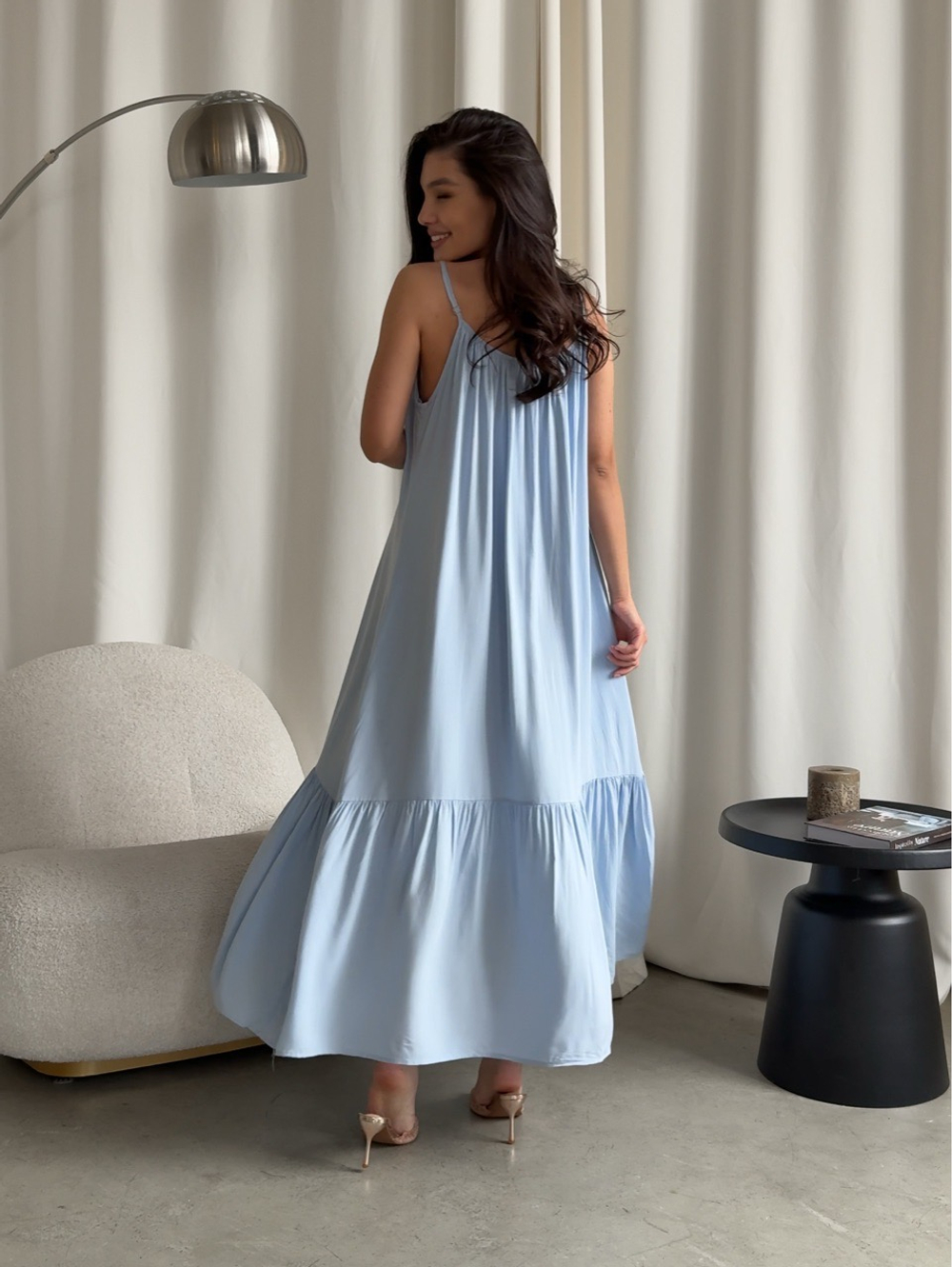 Сарафан хлопковый, длинный, на бретелях, с вырезом на завязках