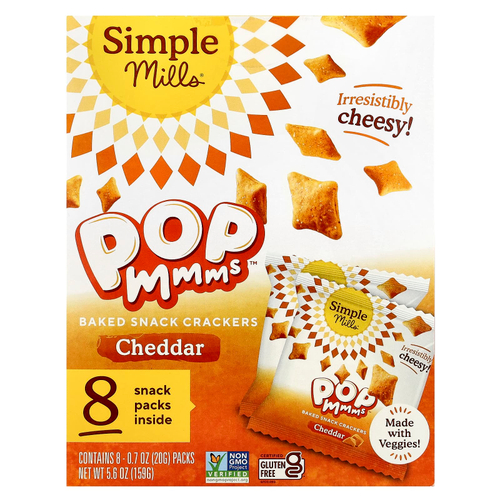 Simple Mills, PopMmms ™, запеченные крекеры с чеддером, 8 пакетиков по 20 г (0,7 унции)