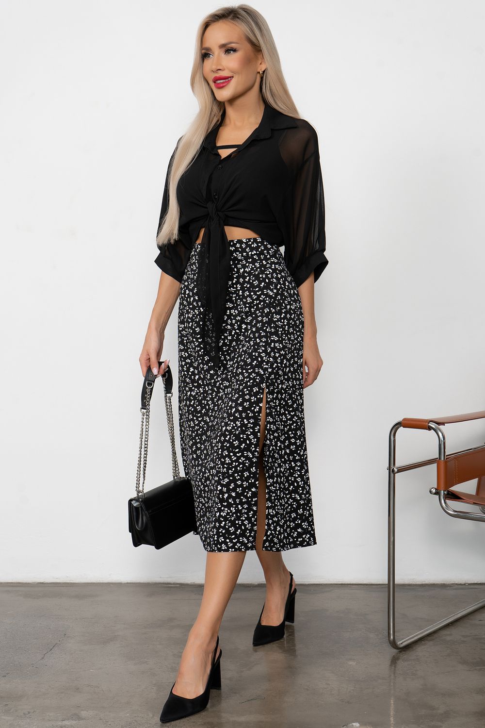 Юбка с разрезом (черный/принт) Юб11-20 Nikol
