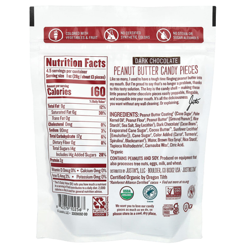 Justin's Nut Butter, Кусочки конфет с органическим арахисом, темный шоколад, 128 г (4,5 унции)