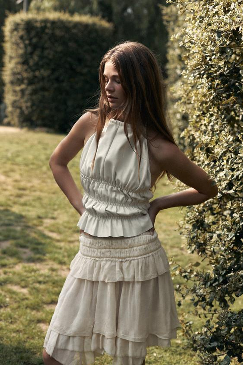 ZARA ЮБКА ИЗ ЖОРЖЕТА С ВОЛАНАМИ — LIMITED EDITION, ЖЕЛТОВАТО-БЕЛЫЙ