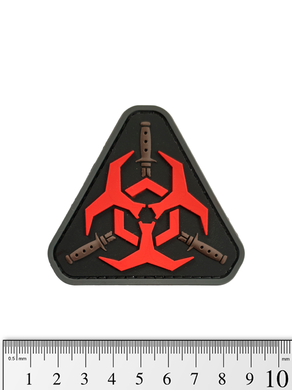 Шеврон Biohazard треугольник с мечами PVC. Красный на чёрном