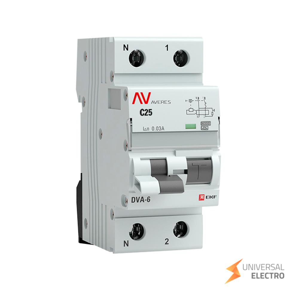 Дифференциальный автомат DVA-6 1P+N 25А (C) 30мА (A) 6кА EKF AVERES
