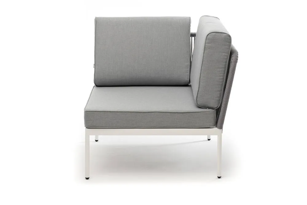 "Канны" угловой модуль плетеный из роупа, каркас алюминий белый шагрень, роуп светло-серый круглый, ткань светло-серая