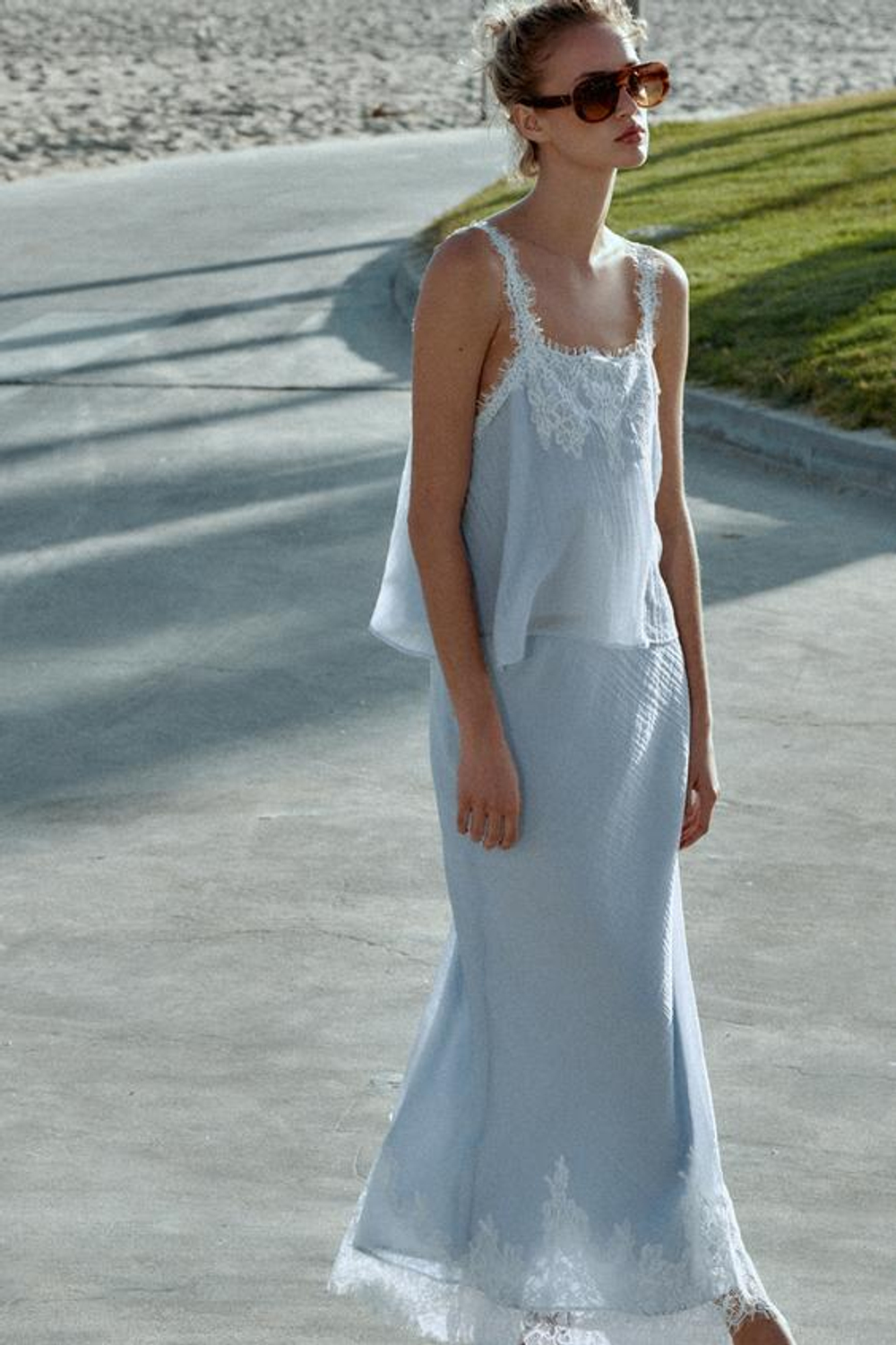 ZARA ЮБКА МИДИ С КРУЖЕВОМ, ПАСТЕЛЬНО-СИНИЙ