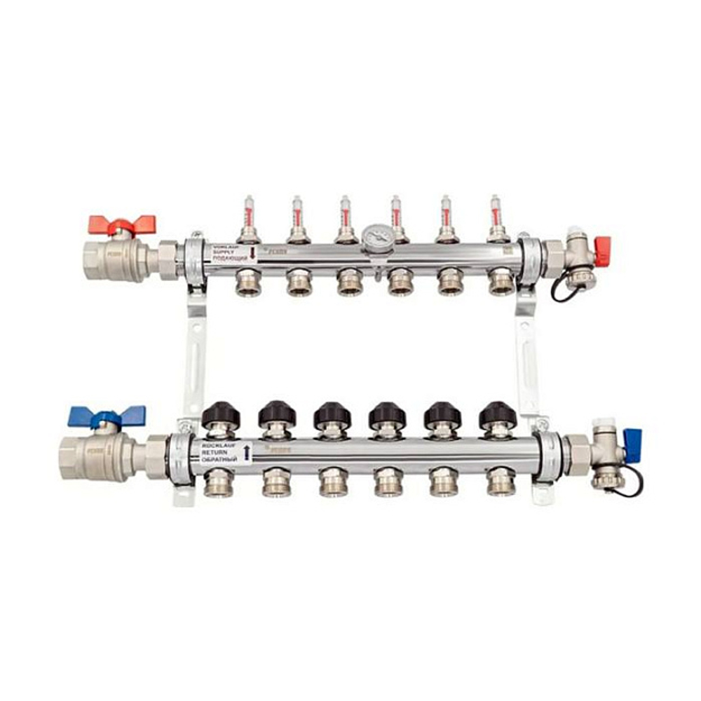 Коллекторная группа для теплого пола РЕХАУ HKV-D - 1" на 6 контура 3/4"EK (нерж. сталь)