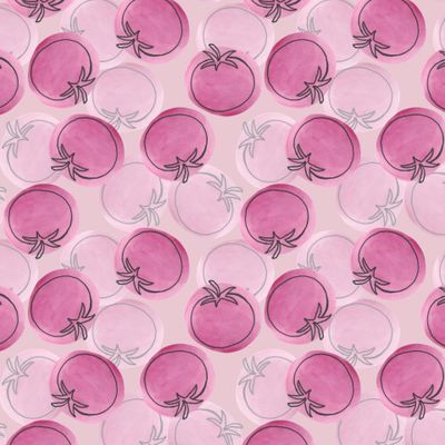 Помидоры, нарисованные контуром на акварельных пятнах