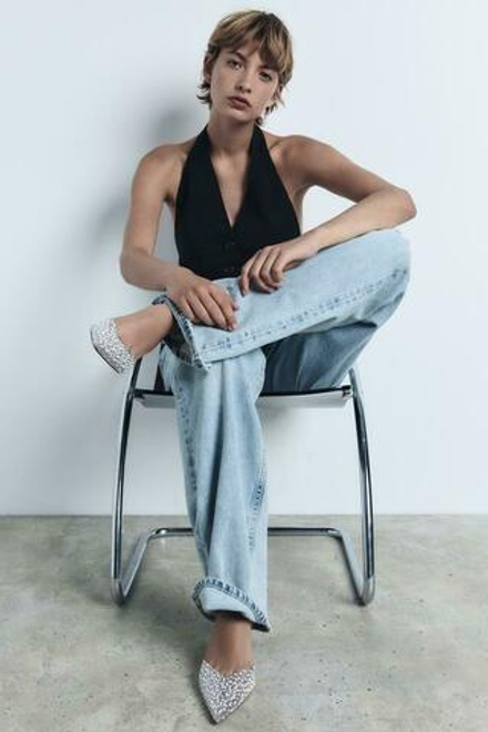 ZARA ТУФЛИ-МЮЛИ НА ВЫСОКОМ КАБЛУКЕ С БУСИНАМИ, БЕЖЕВЫЙ