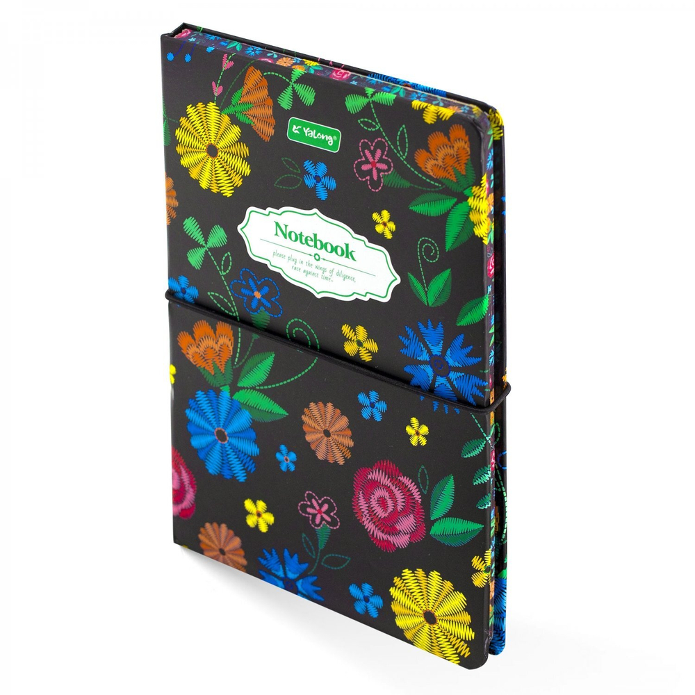 Записная книжка, А5, Yalong, 7БЦ, матовая ламинация, поролон, на резинке, клетка, цветной срез, 80 л., "Вышивка на черном", ассорти