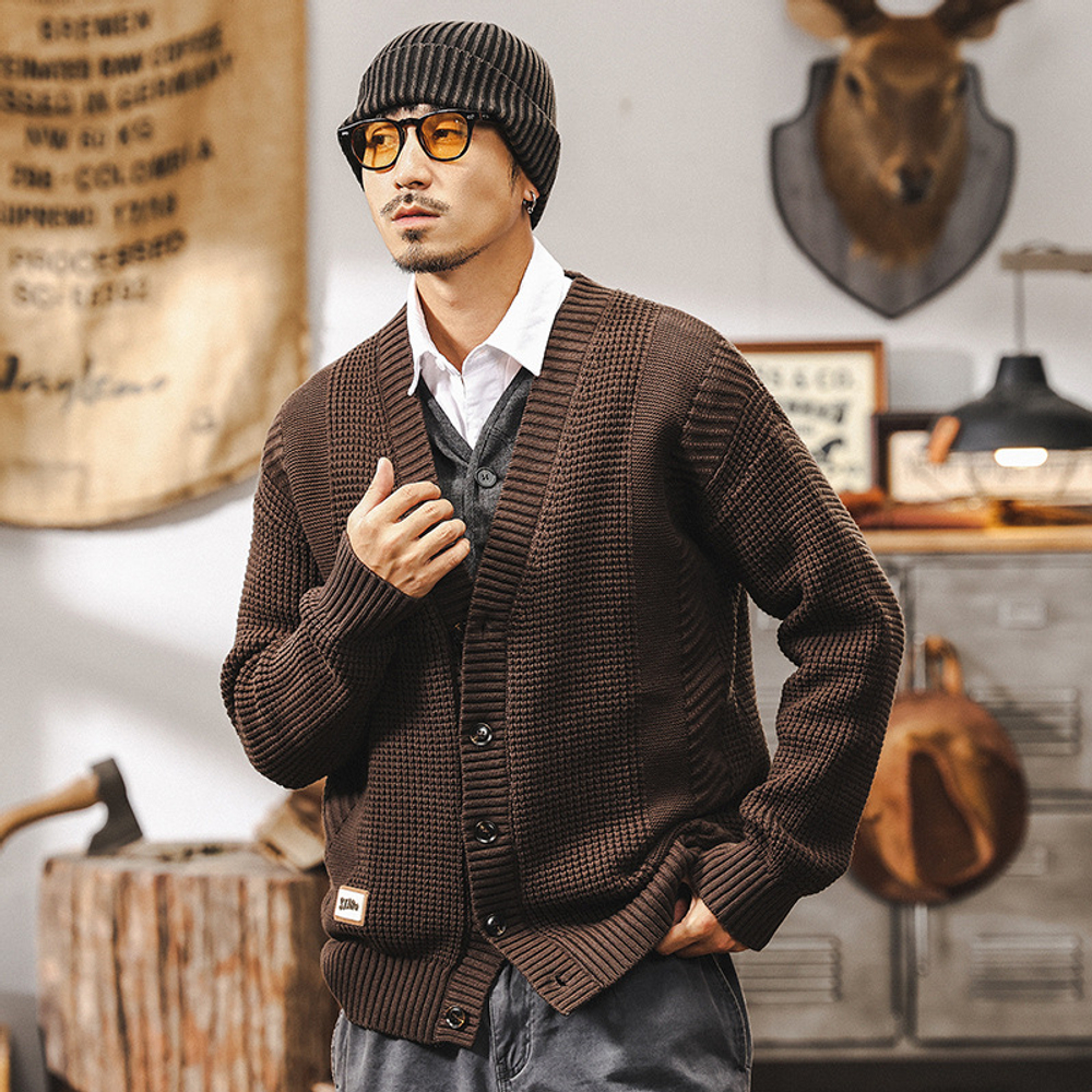 Американский ретро 810g кардиган свитер мужской зимний толстой прилив бренд ленивый ветер вязаный свитер с V-образным вырезом мужское пальто